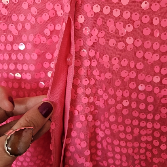 H&M Divided NWT Women's Medium Neon Pink Sequin Top Long Sleeve Button Front - Picture 5 of 7